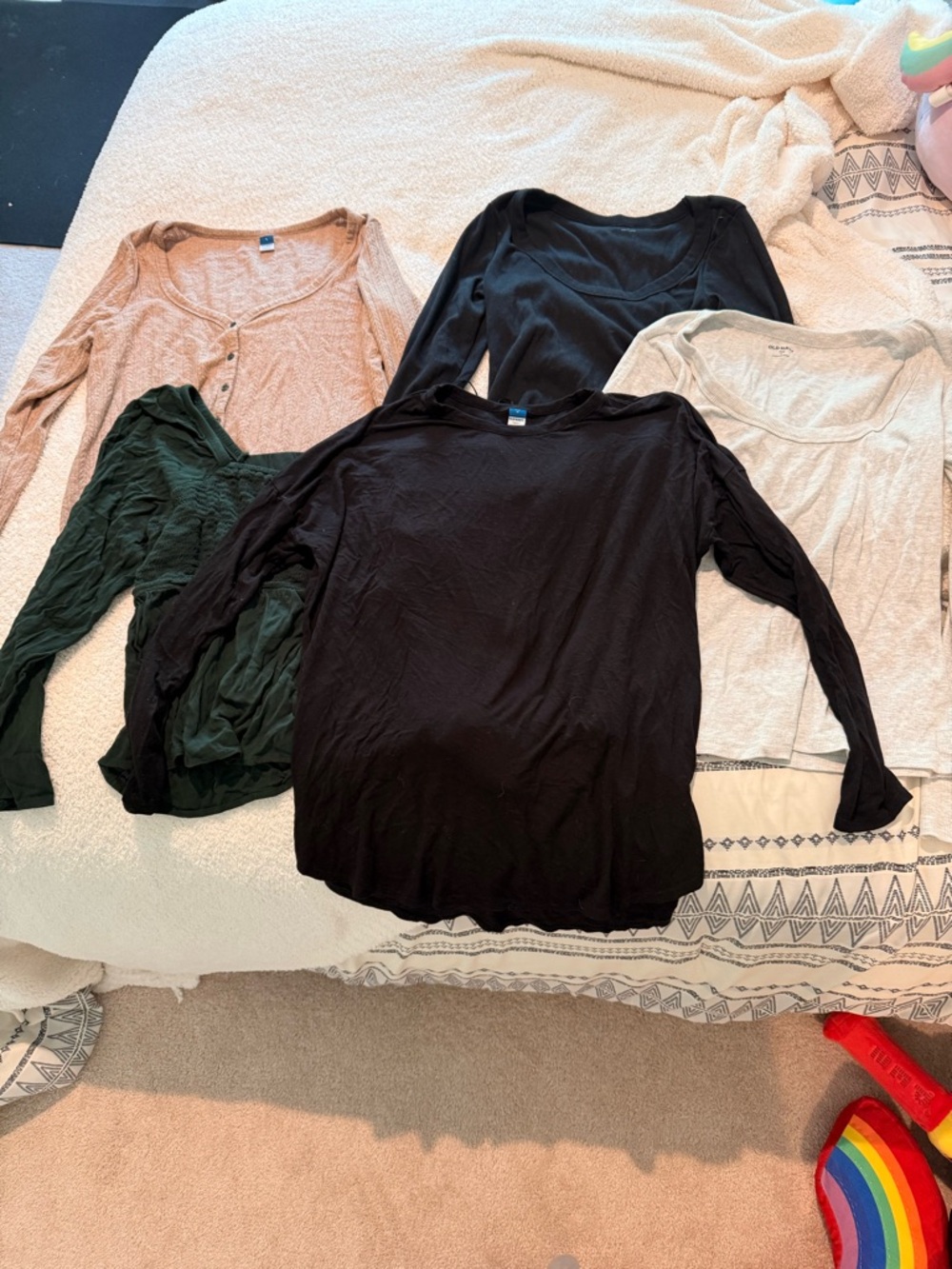 Old Navy Women's Long Sleeve Tees - Black, Dark Green, Beige, Blush